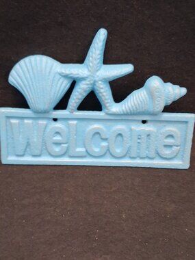 Coastal Cast Iron "Welcome" Sign - Beach Blue Starfish & Shells Decor